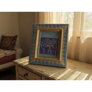 Sicura Murano Frame Marina Blue Gold Trim Lotus Hands Art 4x6 boho indie